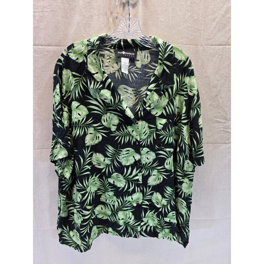Sag Harbor Woman Vintage 90s Tropical Palm Leaf Print Rayon Shirt Green 3X